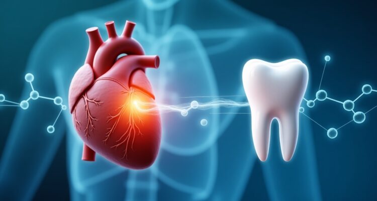 illustration showing the medical link between oral health and heart disease, featuring a human heart and tooth connected by glowing molecular chains.