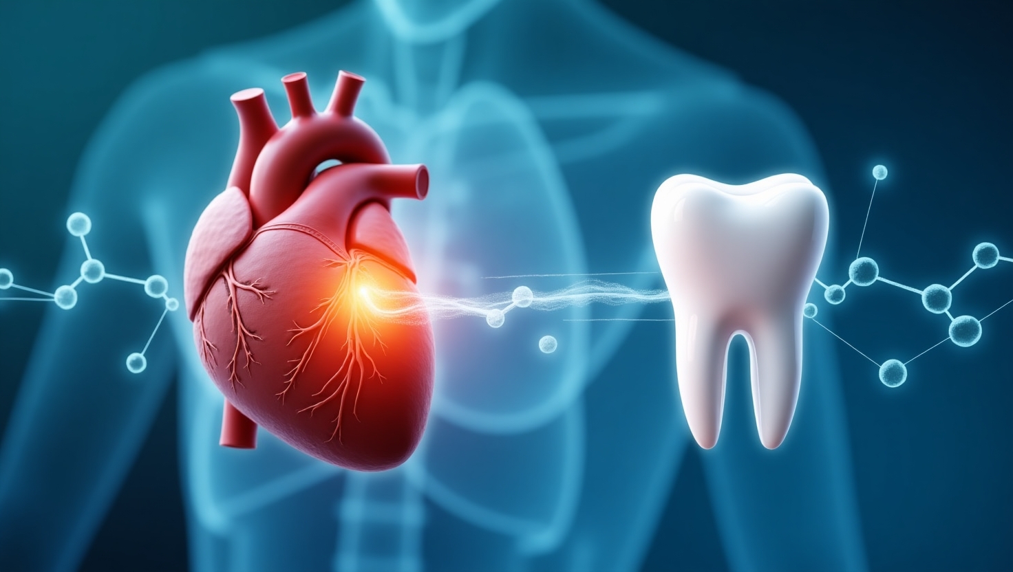 illustration showing the medical link between oral health and heart disease, featuring a human heart and tooth connected by glowing molecular chains.