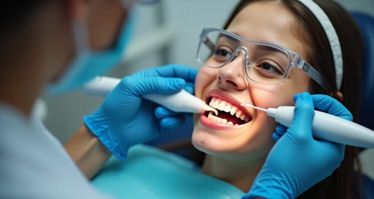 Dentist performing a dental cleaning on a smiling young woman during a routine dental exam