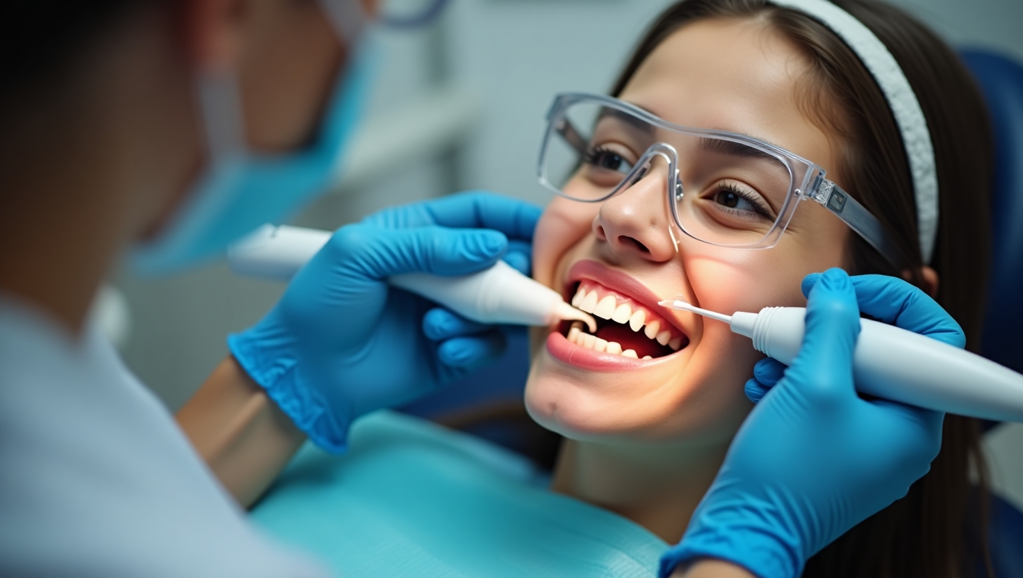 Dentist performing a dental cleaning on a smiling young woman during a routine dental exam