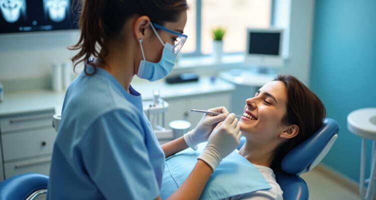 A dental hygienist performing a professional teeth cleaning on a smiling patient in a bright, modern dental clinic in Collegeville, PA.