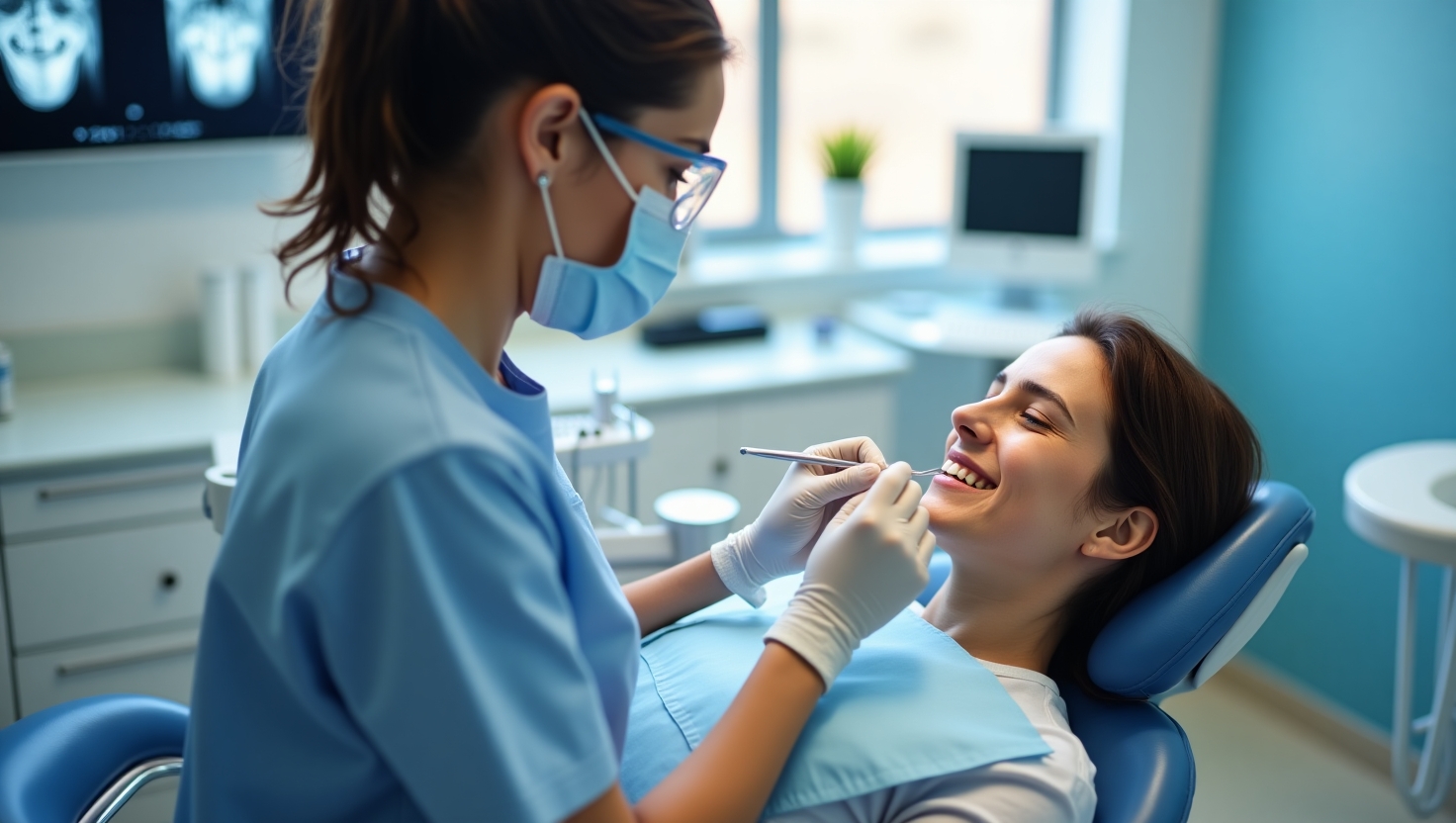 A dental hygienist performing a professional teeth cleaning on a smiling patient in a bright, modern dental clinic in Collegeville, PA.
