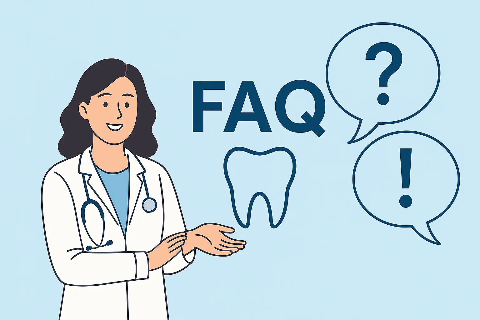Female dentist in lab coat presenting FAQ section with tooth icon and question mark speech bubbles, dental clinic in Collegeville PA