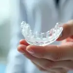 Clear dental aligner being held by a dentist, showcasing a modern orthodontic alternative to traditional braces in 2025.