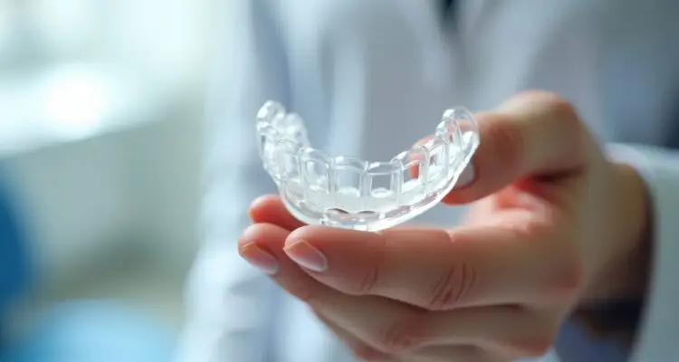 Clear dental aligner being held by a dentist, showcasing a modern orthodontic alternative to traditional braces in 2025.