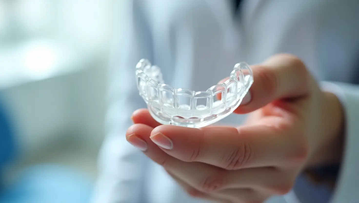 Clear dental aligner being held by a dentist, showcasing a modern orthodontic alternative to traditional braces in 2025.