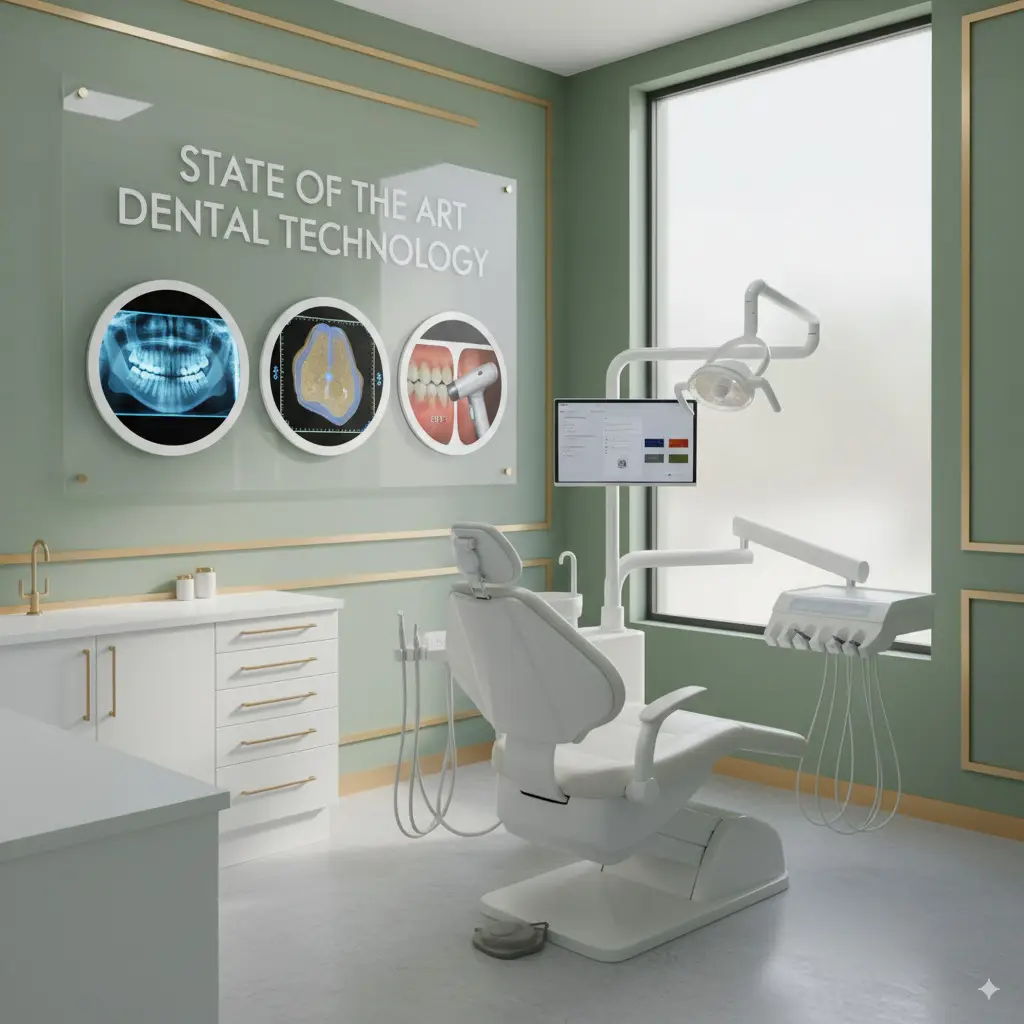 State-of-the-art dental technology in a modern clinic with a dental chair, digital X-rays, 3D Cone Beam CT scans, and intraoral scanner.