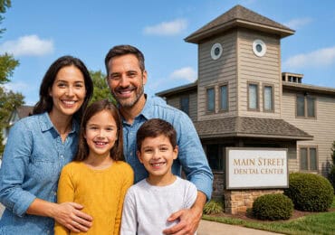 A smiling family of four standing outside Main Street Dental Center in Collegeville, Pennsylvania, representing family dentistry and welcoming dental care for all ages.