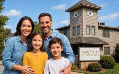 A smiling family of four standing outside Main Street Dental Center in Collegeville, Pennsylvania, representing family dentistry and welcoming dental care for all ages.