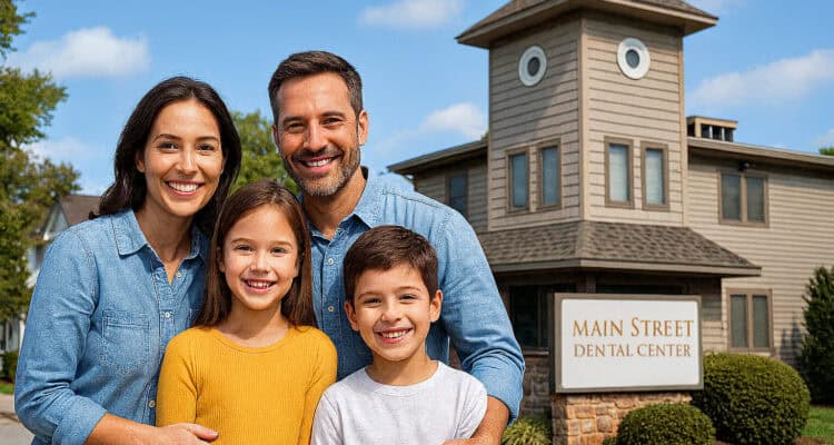 A smiling family of four standing outside Main Street Dental Center in Collegeville, Pennsylvania, representing family dentistry and welcoming dental care for all ages.