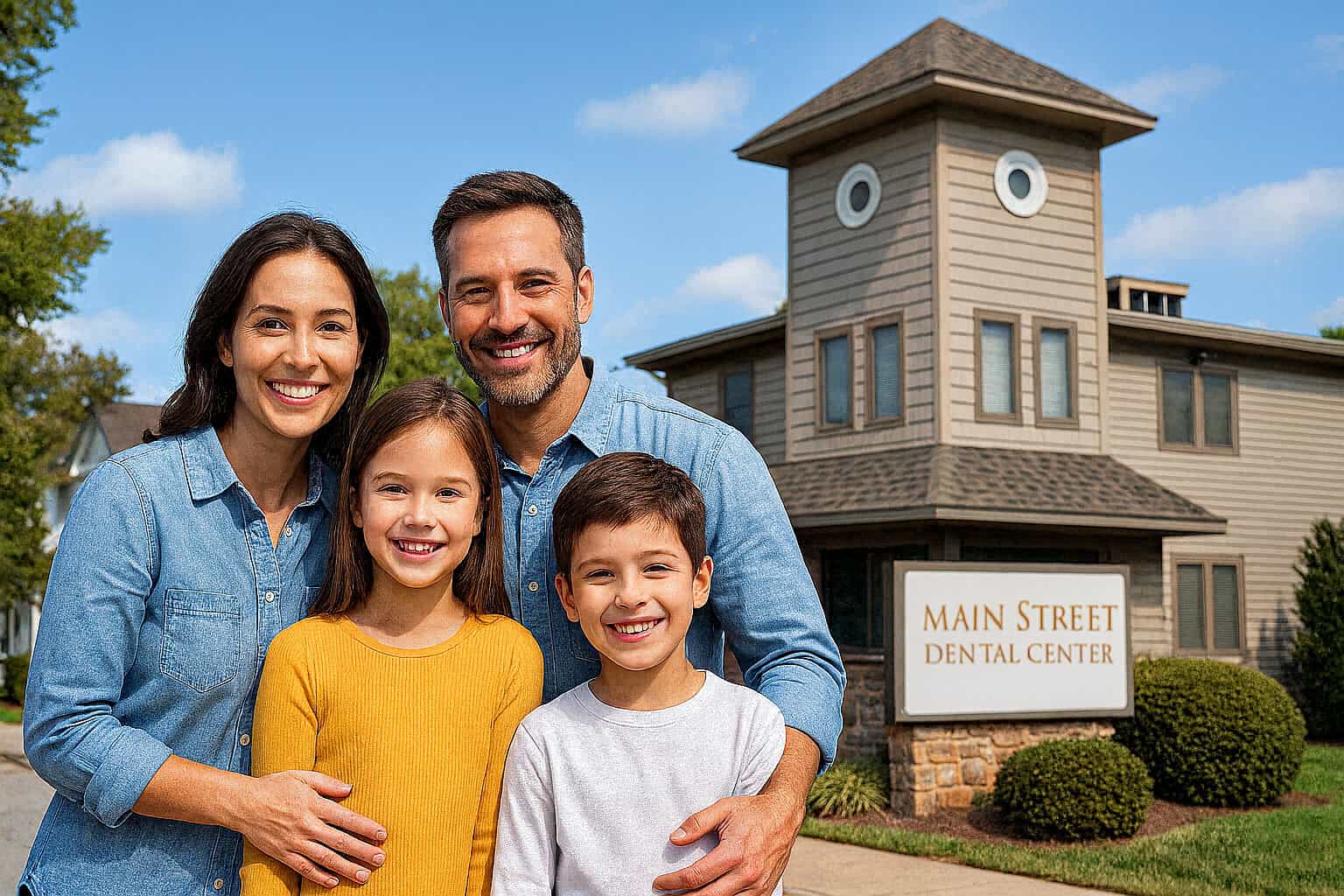 A smiling family of four standing outside Main Street Dental Center in Collegeville, Pennsylvania, representing family dentistry and welcoming dental care for all ages.