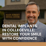 Smiling man standing outside Main Street Dental Center in Collegeville, PA, representing restored confidence after dental implant treatment.
