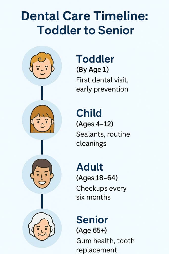 Infographic showing a dental care timeline from toddler to senior with icons for each life stage, explaining first visits, sealants, cleanings, and gum health.