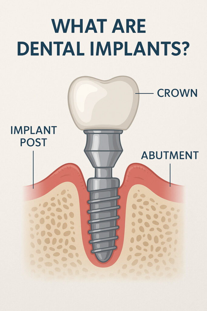 Labeled diagram showing parts of a dental implant including implant post, abutment, and crown, designed for patient education by Main Street Dental Center.