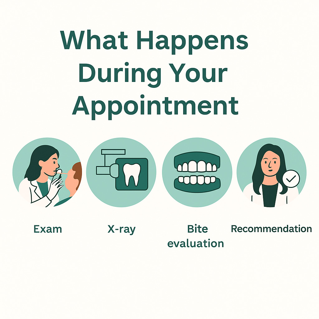 Infographic showing the four steps of a dental appointment: exam, X-ray, bite evaluation, and dentist recommendation.