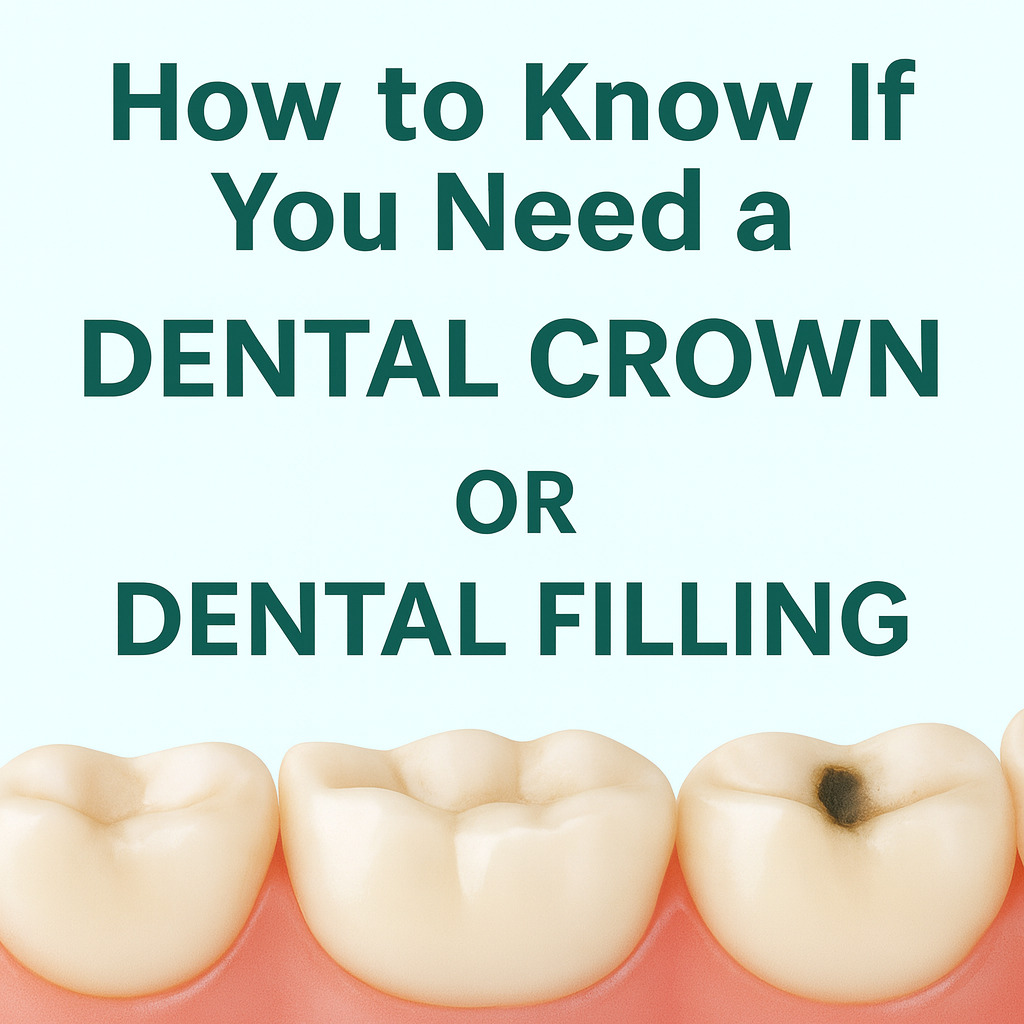 Educational graphic showing tooth icons with mild decay, representing the comparison between dental crowns and fillings.