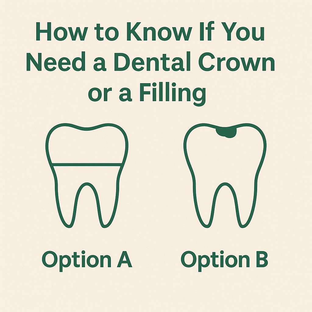 Infographic comparing dental crowns and fillings with simple tooth illustrations labeled Option A and Option B. Restorative dentistry Collegeville PA illustration.