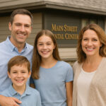 Smiling family outside Main Street Dental Center in Collegeville, Pennsylvania, representing trusted family dentistry for all ages.