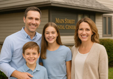 Smiling family outside Main Street Dental Center in Collegeville, Pennsylvania, representing trusted family dentistry for all ages.