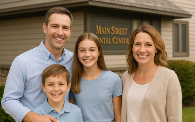 Smiling family outside Main Street Dental Center in Collegeville, Pennsylvania, representing trusted family dentistry for all ages.