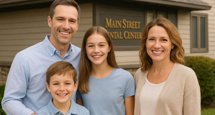 Smiling family outside Main Street Dental Center in Collegeville, Pennsylvania, representing trusted family dentistry for all ages.