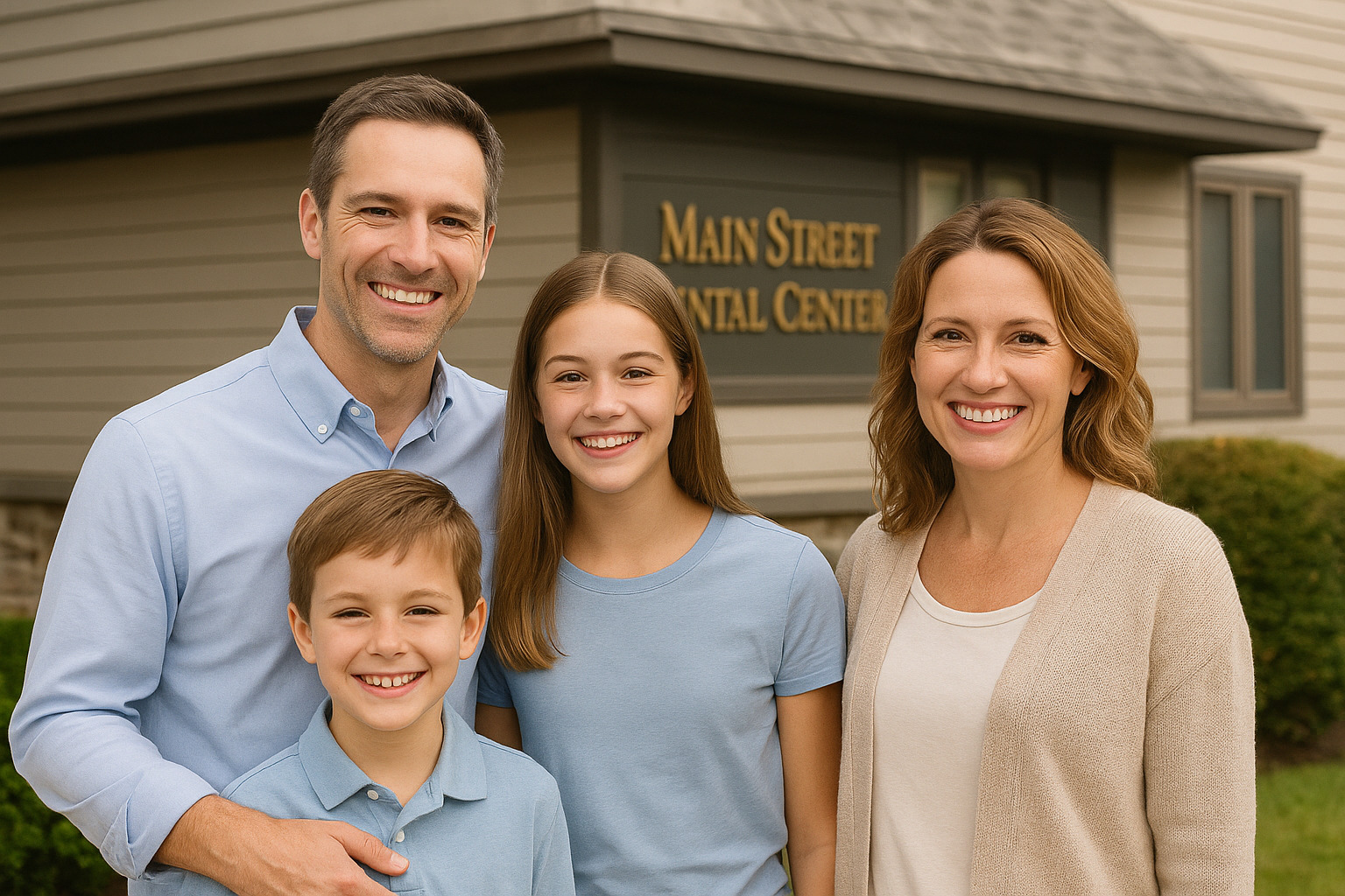 Smiling family outside Main Street Dental Center in Collegeville, Pennsylvania, representing trusted family dentistry for all ages.