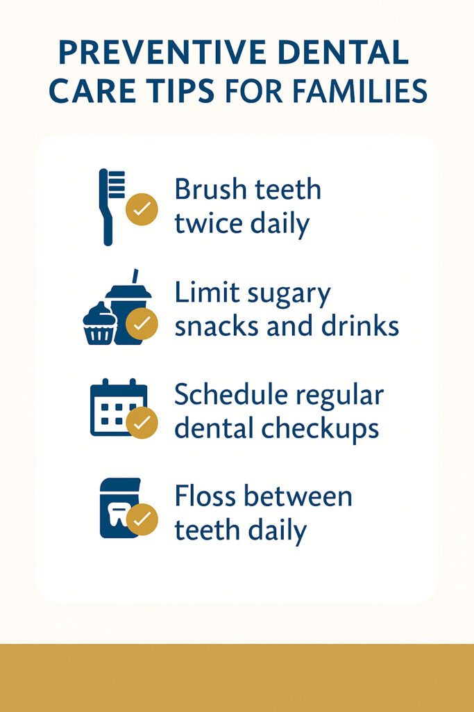 Infographic with family dental care tips including brushing twice daily, limiting sugar, regular checkups, and daily flossing.