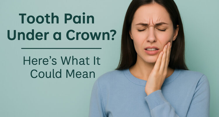 Worried adult touching jaw due to tooth pain under a dental crown in a modern dental office at Main Street Dental Center in Collegeville, Pennsylvania.