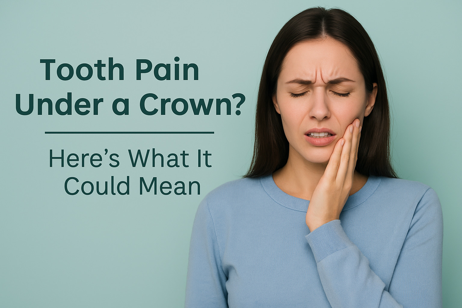 Worried adult touching jaw due to tooth pain under a dental crown in a modern dental office at Main Street Dental Center in Collegeville, Pennsylvania.