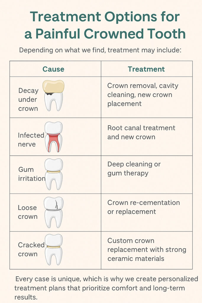 Infographic showing common treatment options for a painful crowned tooth, including crown replacement, root canal therapy, gum treatment, and bite adjustment, created by Main Street Dental Center in Collegeville, Pennsylvania.
