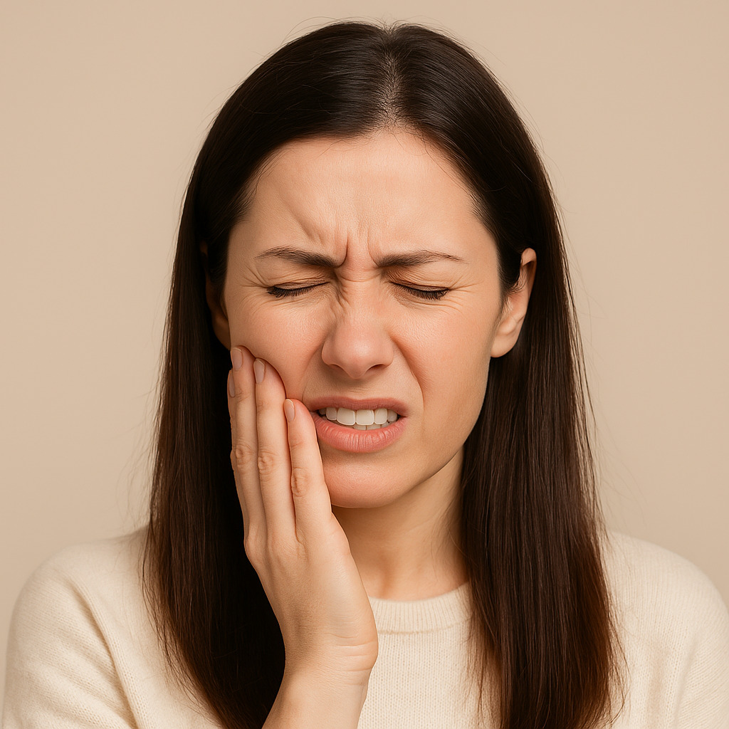Woman holding her cheek in pain, showing symptoms of tooth discomfort or dental sensitivity, used for educational dental content by Main Street Dental Center.