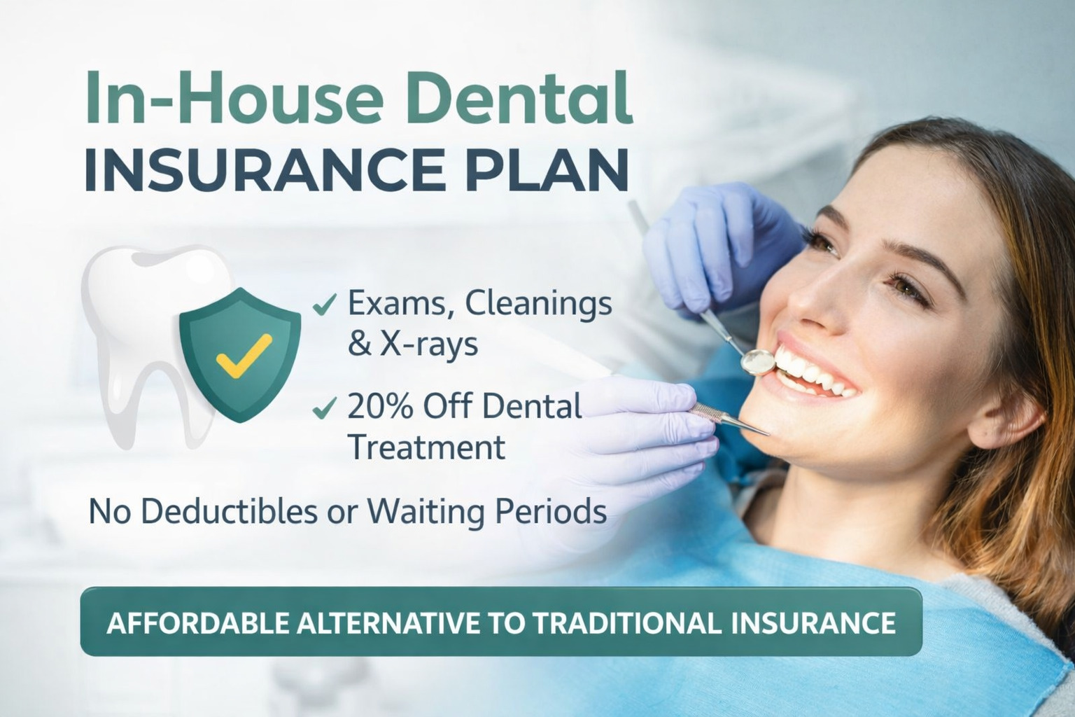 In-house dental insurance plan offering exams, cleanings, X-rays, and treatment savings at Main Street Dental Center in Collegeville PA