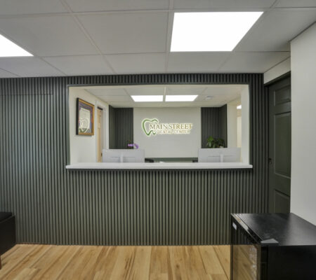 Modern reception area at Main Street Dental Center with clean design and welcoming front desk